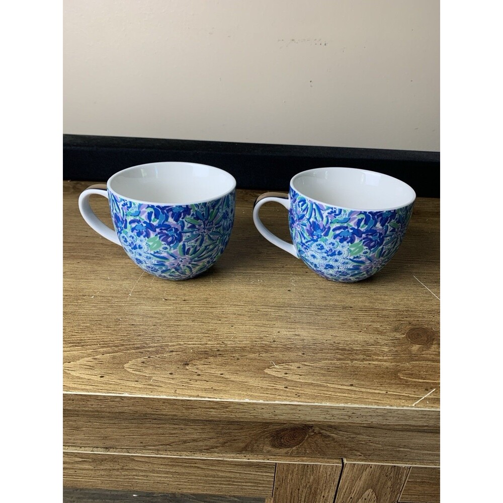 Lilly Pulitzer Ceramic Coffee Tea Cup Mug Set of 2 Blue White Tiger Lily Floral - Picture 7 of 10